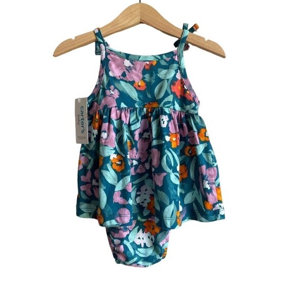 New! Carter's Baby's 12M Green Purple Floral One piece Skirt Playsuit Onesie - Picture 2 of 5